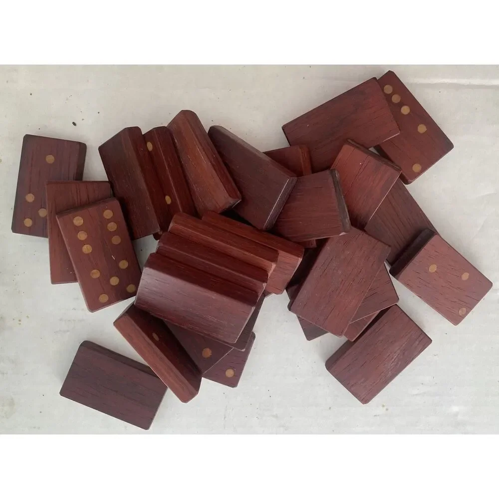 Vintage Wooden Dominoes Set Double 6 Handcrafted Red Wood 28 Tiles Velvet Bag